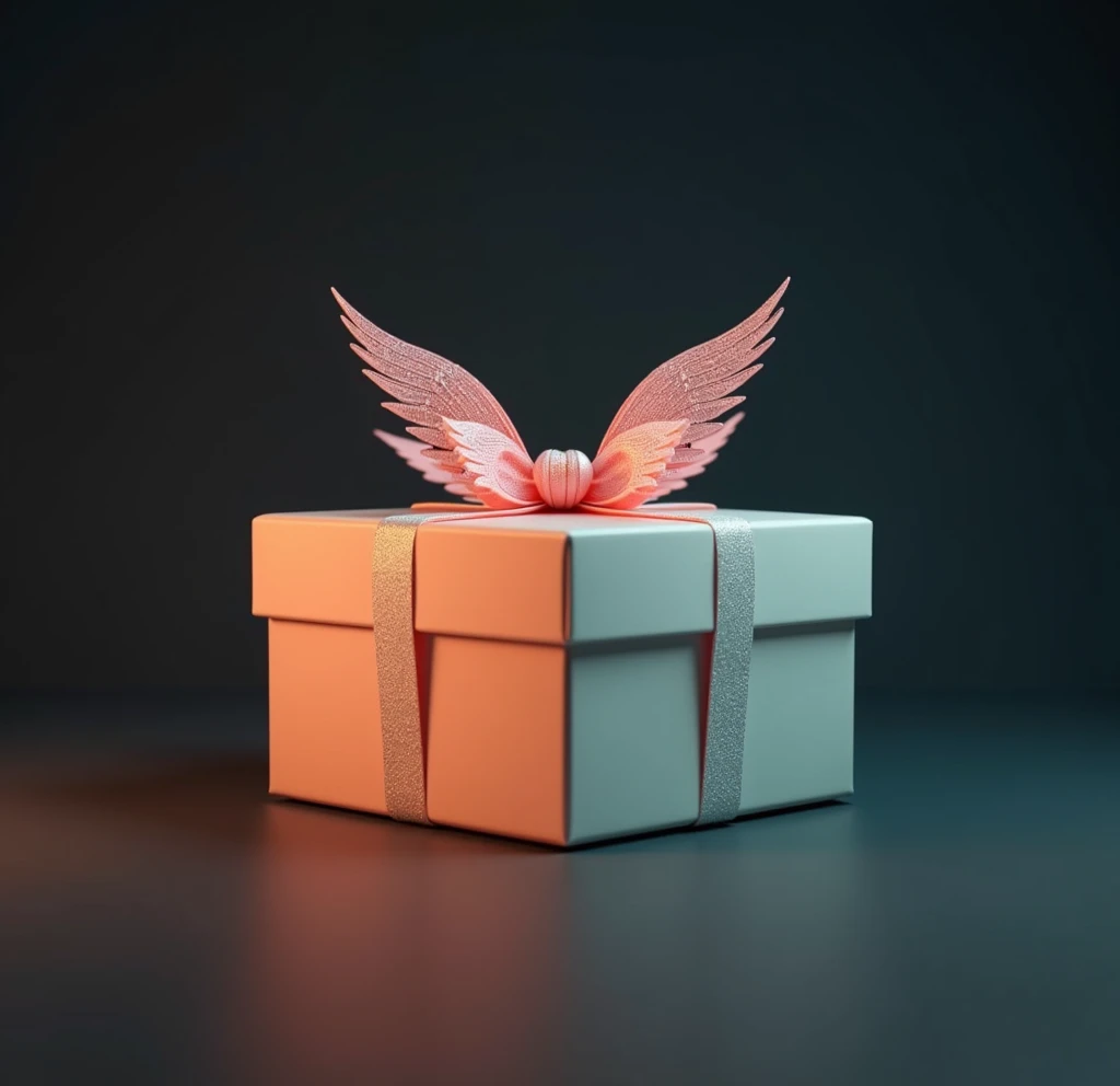 a beautifully wrapped gift box with a big bow, the bow has small delicate wings, vivid colors, clean lines, on a plain black background, cinematic lighting, photo-realistic, highly detailed, 8k, (best quality,4k,8k,highres,masterpiece:1.2),ultra-detailed,(...