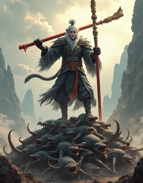 sun wukong(Journey to the West,demi-human monkey, wearing Lu Bu(Three Kingdoms) black light armor) holding the simple big red wooden staff, with a fighting stance, at the top of the corpses of the enemy monsters and looking down, view from below, ancient c...