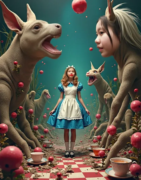 In the middle of the image is Alice(Alice in Wonderland,, wondering), in the world everything is wrong, A Mad Tea-Party, wrong perspective, wrong distance, very out of balance, psychedelic world, time interval is wrong, up-down relationship wrong,The direc...