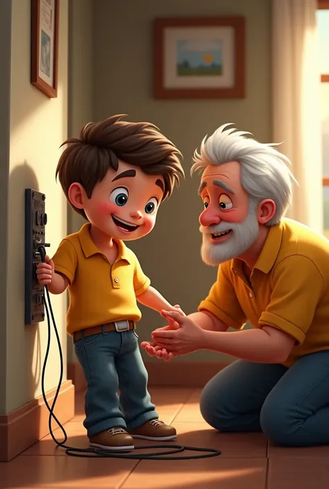 A cheerful boy in a yellow polo shirt and jeans, with the help of his grandfather, the boy safely disconnected the electricity and replaced the damaged cable. 
