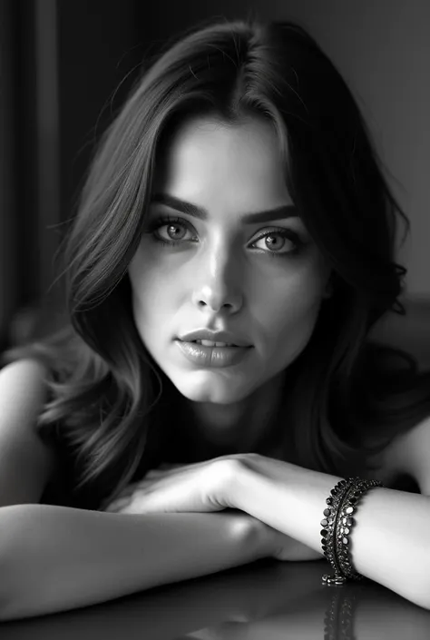 a striking black-and-white portrait of a young woman with a captivating presence. She has long, dark hair that falls in soft waves around her shoulders. Her expression is thoughtful and intense, with large, expressive eyes that draw the viewer in.

She is ...