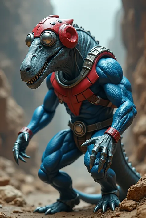 Mechaneck from Masters of the Universe dressed as a dinosaur. Long stretched silver neck. Red helmet. Blue skin. Silver goggles.