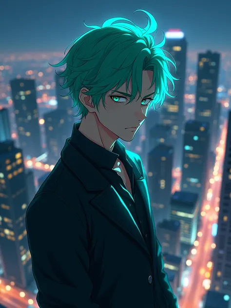 An extremely handsome 1 anime guy with light green hair, looking in front of the camera at nighttime, standing on top of a skyscraper. The image features full stunning anime art, with a sexy body and hot character, in an anime chubby art style, inspired by...