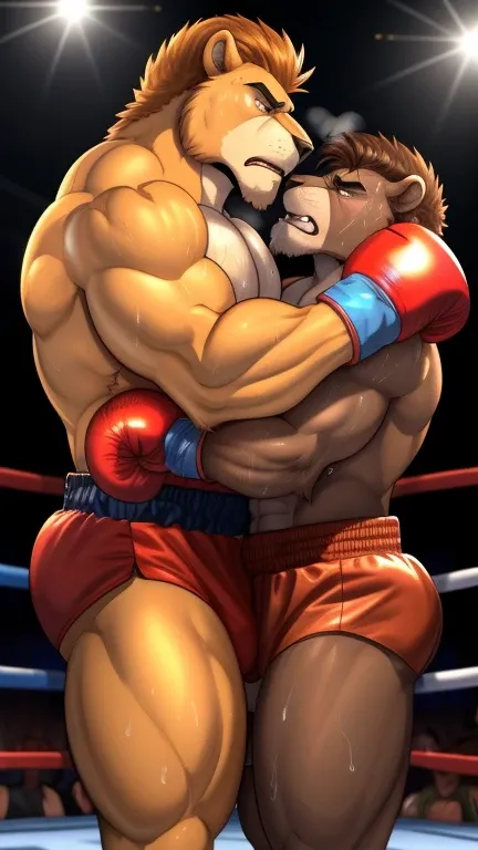 Duo male(Two Brown Lions), handsomes(handsome hairstyles, Thick eyebrows), gay(cuddling embraced, Body frottage, on a boxing match), hot(Shirtless), handsomes(They are handsomes, correct anatomy), musculosos(Big muscle bodies, Six packs, muscle abs, big pe...