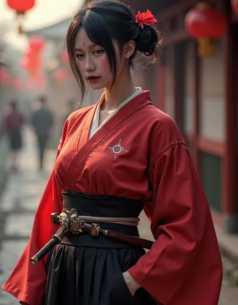 Samurai girl, short black hair tied back, wearing Japanese red kimono and black hakama, two Japanese swords across her waist, ((masterpiece, highest quality, Highest image quality, High resolution, photorealistic, Raw photo, 8K)), ((Extremely detailed CG u...