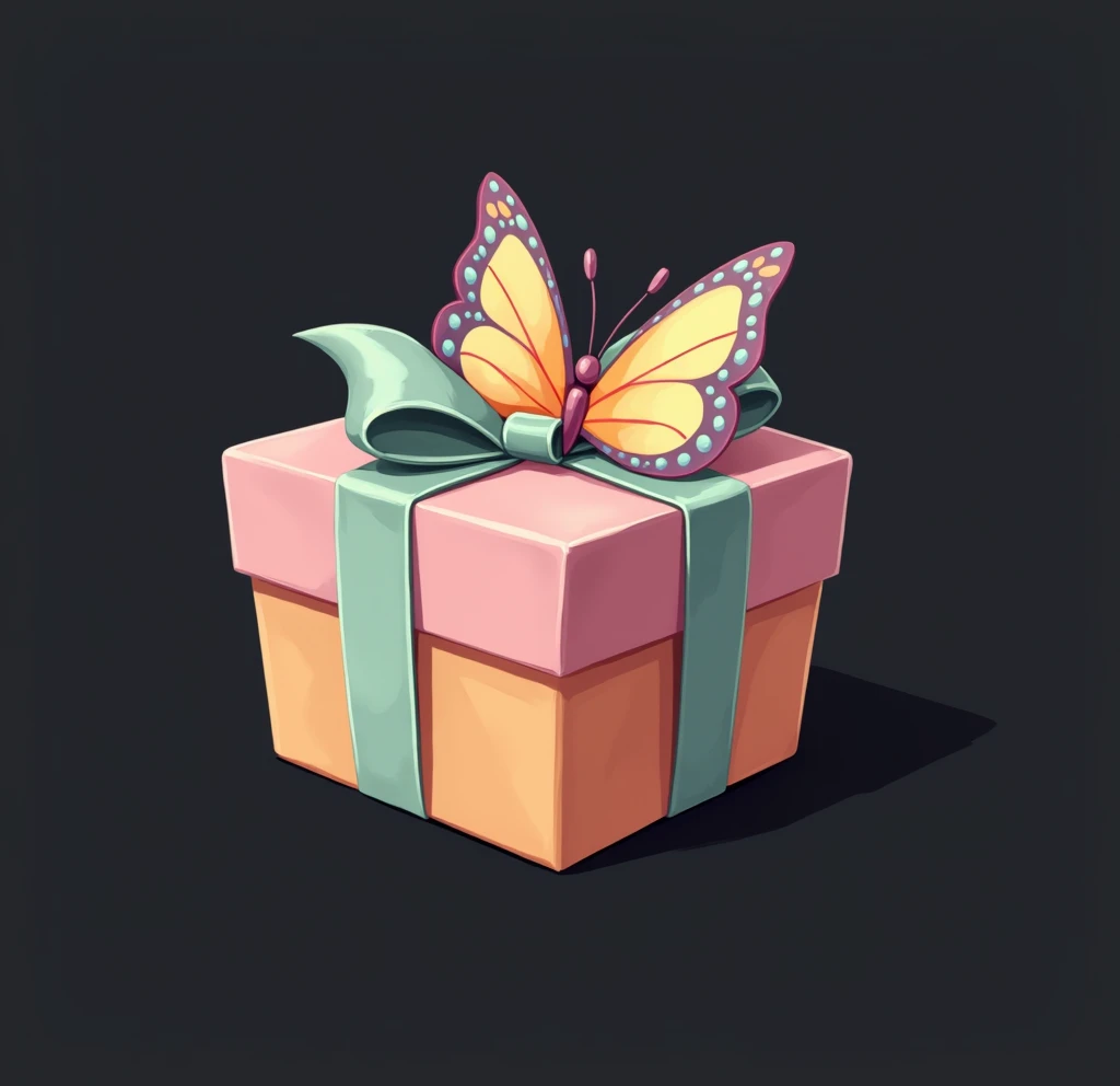 A beautifully wrapped gift box with a bow, delicate butterfly wings on the bow, vibrant colors, clean lines, on a plain black background, cartoon style, cute, minimalist