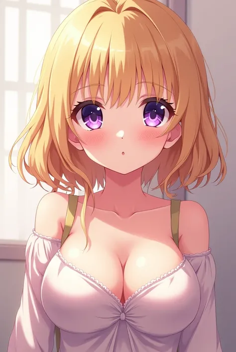 Bangs between the eyes, Purple eyes, Large Breasts, Blushing, anime, Girl Blonde, 