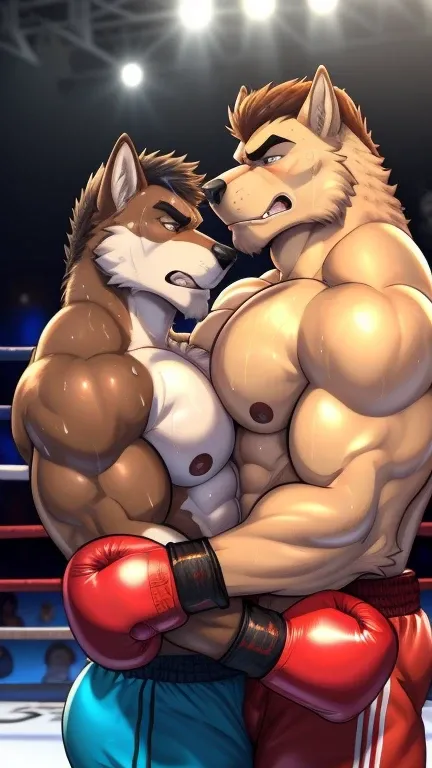 Duo male(Two Brown Wolfs), handsomes(handsome hairstyles, Thick eyebrows), gay(cuddling embraced, Body frottage, on a boxing match), hot(Shirtless), handsomes(They are handsomes, correct anatomy), musculosos(Big muscle bodies, Six packs, muscle abs, big pe...