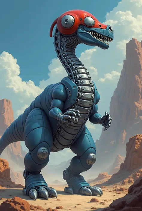 Mechaneck from Masters of the Universe dressed as a brontosaurus. Long stretched silver mechanical neck. Red helmet. Blue skin. Silver goggles.