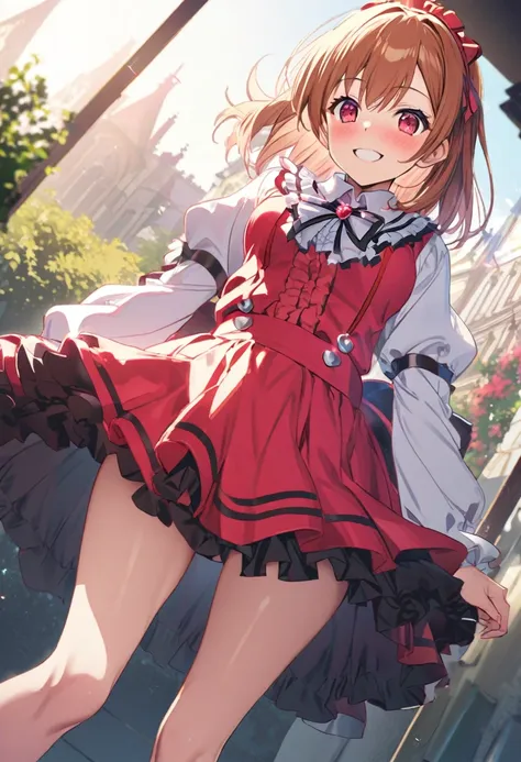 (((pixel perfect, perfect detail))), (((underskirt angle view, panties visible,))), alone, alone girl, honoka kosaka, 1, ((costu...