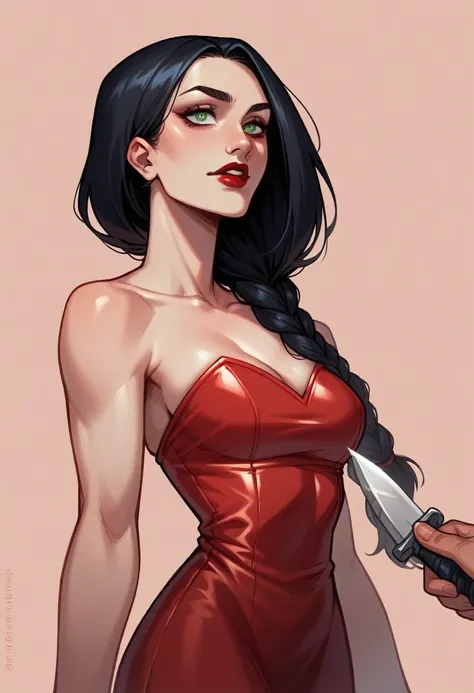 A beautiful young woman in her 20s, hes american, has black hair, green, bright and foxy eyes, red lips, small nose and fine features. Has a knife with blood on her hands and a beautiful red leather dress, sleeveless and strapless, low-cut and fitted to he...