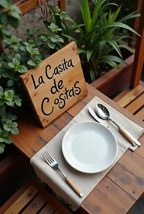 Table seen from the sky with a plate and a sign that says LA CASITA DE COSITAS