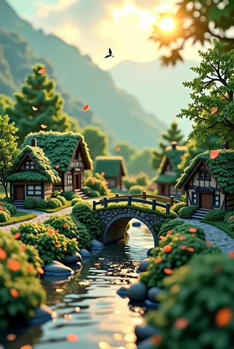 miniature, digital art, cinematic compose, a peaceful tiny village under glovers, small houses cover in greens, ray of sunlight, small stone road, small river with flower petals flowing, small stone bridge, greeny 