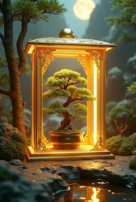 photorealistic,3d render,realive,miniature,bonsai in box,golden independent building,grass,nature, golden,gold trim,circular ring by LED flexiable Rope Light,fluorescent light,flsorescence,inner glow,glowing,jade and gem textured,(((golden mountain))),(wat...