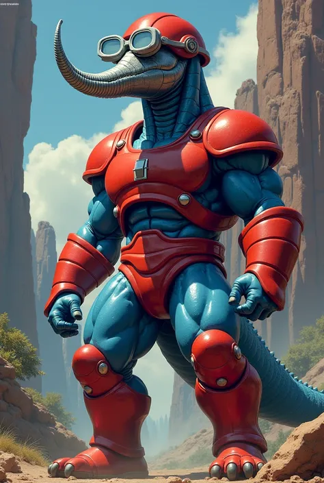 Mechaneck from Masters of the Universe dressed as a brontosaurus. Long stretched silver mechanical neck. Red helmet. Blue skin. Silver goggles.. red armor