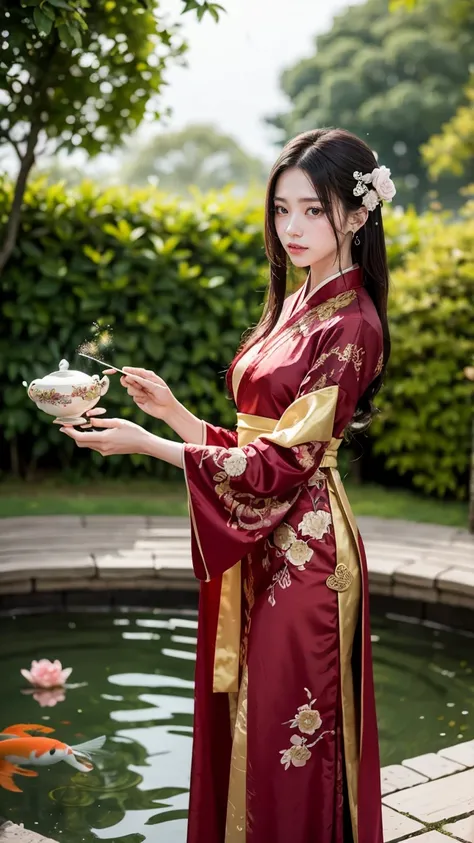 Diao Chan is dressed in an elegant Hanfu robe of deep red silk, embroidered with golden phoenix motifs,no having clothes,massive k-cups, Her long sleeves flow gracefully as she moves,She stands in a lush, tranquil garden filled with blooming peonies and a ...