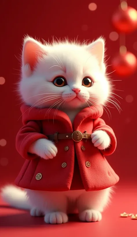 A extremely masterpiece 8k 3d animation image of a very cute and very beautiful white colour baby cat , with glowing eyes wear a very beautiful red colour very soft winter  stylish frock costume with beautiful red background 