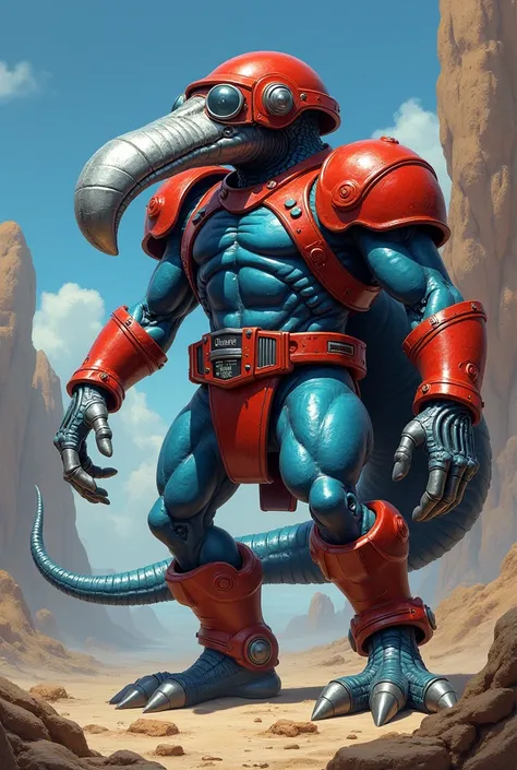 Mechaneck from Masters of the Universe dressed as a brontosaurus. Long stretched silver mechanical neck. Red helmet. Blue skin. Silver goggles.. red armor