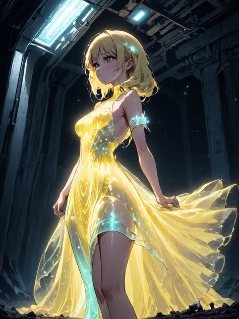 Dystopian style anime style beautiful woman wearing a Light Yellow (bioluminescent dress) The Underworld, Prone, Extreme Close-Up, from side, . Bleak, post-apocalyptic, somber, dramatic, highly detailed