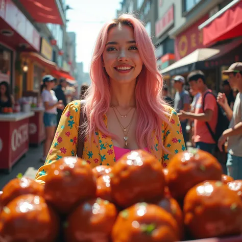 Picture of a standing meatball shop in Buriram, There&#39;s Lisa from Blackpink standing and cheerfully promoting the meatball eating contest., Bright atmosphere, Delicious meatballs topped with meatball sauce are delicious and fun to eat., Lisa smiles bri...