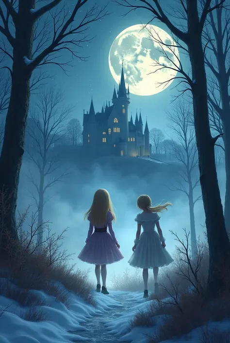 two girls, night, moon, starry sky, (masterpiece、highest quality、highest quality、Official Art、Beautiful and beautiful:1.2)、(One girl:1.3)Hatsune Miku、Twin tails,Beautiful breasts,wide angle, detailed reproduction of a forest surrounded by fog up to a heigh...