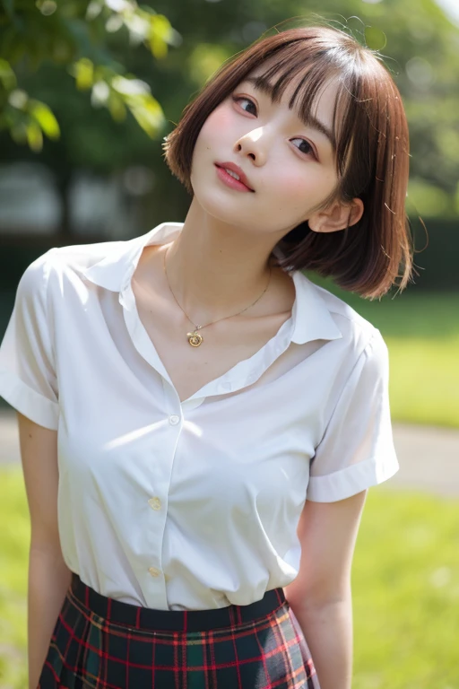 1 girl, Blushing cheeks, shyly smile, optic, White open shirt sticking to the chest、Tartan checked skirt、florals、hair pin、a necklace、piercings、Leaning forward、from below looking up、depth of fields、pointed red mouth、Glossy reddish-brown shorthair、Black eyes...