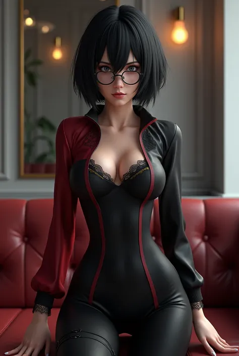 Super realistic 3D A Sarada uchiha woman with sexy and elegant short black hair without bangs hair with opening, black eyes and strong wine red clothes, sarada uchiha super realistic 3D eating nose, my body, short hair with glasses thin Sarada modern uchih...