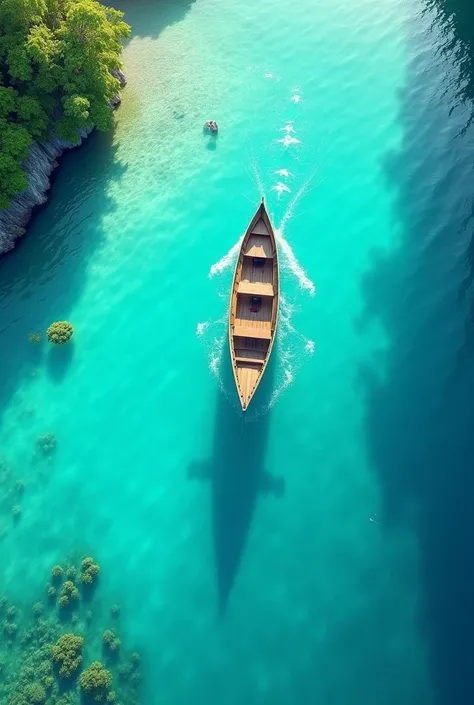 Image de bateau sur un lagon turquoise ou on voit leau en dessous du bateau comme si on plongeai