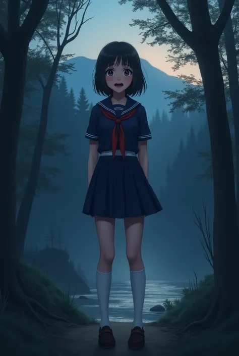 ((in the dim place, in the deep forest, near the river, mountains, dark hour of down)), (((round face))), (open legs), (blush, open mouth), (showing off her crotch, glossy lips), ((navy sailor suit, pleated skirt, sailor scarf, white-socks, loafers, pantyh...