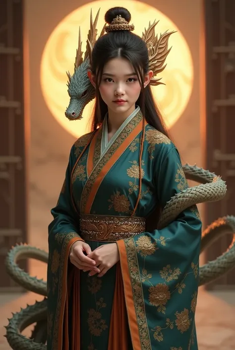 *8k Masterpiece, Top Quality, Best Quality, Official Art, (Beauty and Aesthetics: 1.3), Extremely Detailed, (Fractal Art: 1.3), Colorful, Ice and Chinese Dragon, Serpentine Body, Claw, Cyan and 1 Woman, Han Womans Media, Hanfu, Cyan