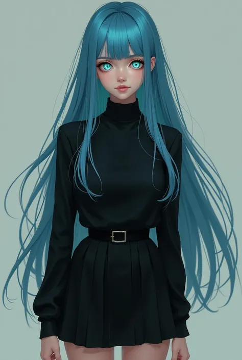 A brunette girl with sky blue hair and white eyes and a black blouse and short skirt