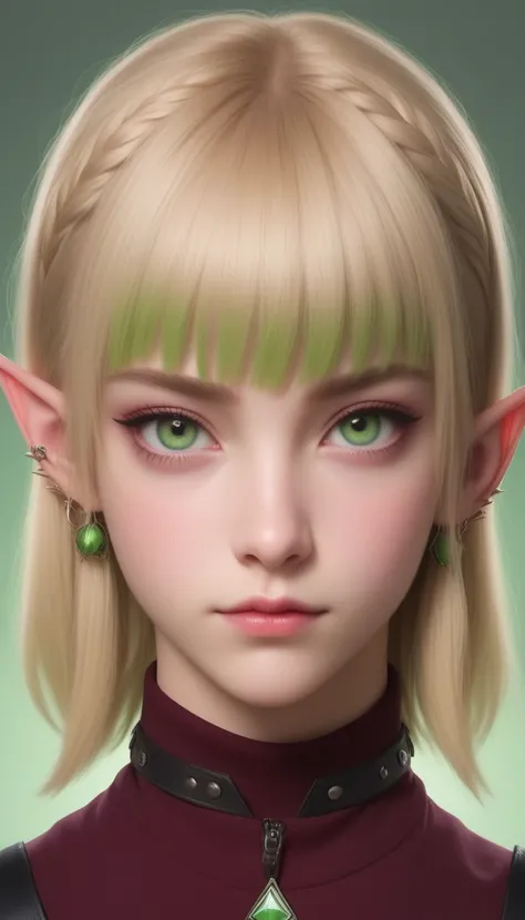 Blonde teenage boy, Chin-length punk-style bangs and shaved sides, She is wearing a burgundy bandeau blouse, Light green eyes, Blonde eyebrows, Thin face, Green Skin, alien, Elf Ears, ((Greenskin))), American House々Against the backdrop of