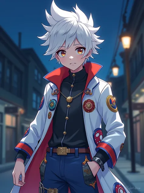 An extremely handsome 1 anime guy with whitish hair and a full body image, Dress up inspired by Pokemon, looking in front of the camera at nighttime; the image features stunning anime art in an anime chubby art style inspired by Beyblade and Pokémon