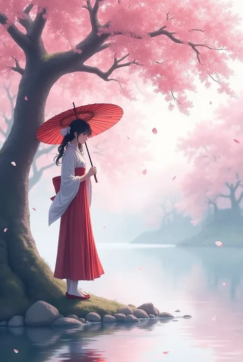 Japanese girl holding an umbrella standing beside the river and under a cherry tree with falling flowers