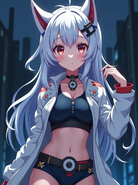 An extremely handsome 1 anime girl with whitish hair and a full body image, Dress up inspired by Pokemon, looking in front of the camera at nighttime; the image features stunning anime art in an anime chubby art style inspired by Beyblade and Pokémon