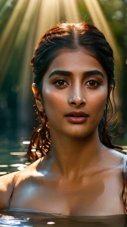 photo of  ( pooja hegde ) in hellblade: senua's sacrifice, emerging from a beautiful pond, long hair, horny expression,free hair...