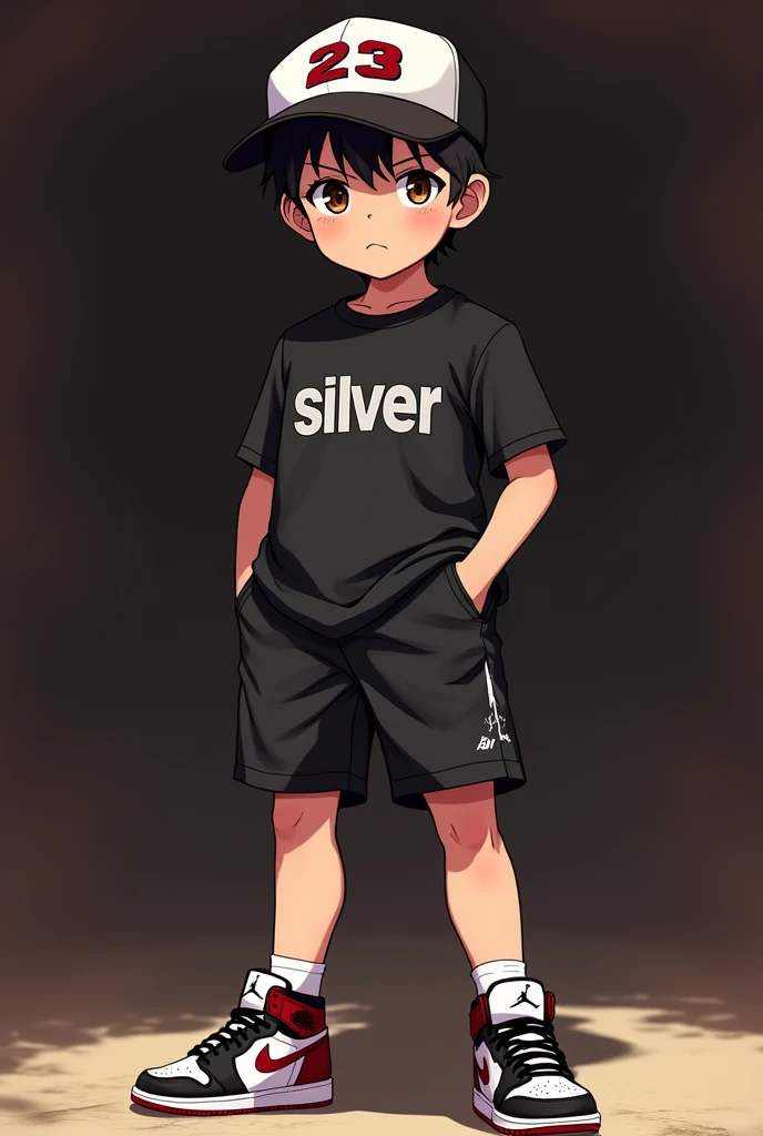 Boy in anime version , with black white jordan 23 cap , black obercyte shirt that says Silver on the front black jordan 23 shorts white socks and black and white jordan retro 1 shoes black blurred background dark brown eyes and not very long hair 