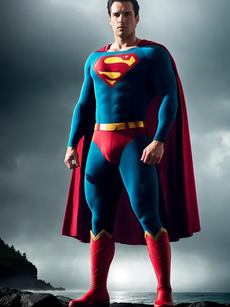 1man, A full body shot of a charismatic male fitness model, 30 years old，small beard, Sexy and charming expression，gloomy eyes，Blue eyes, dark storm clouds and lightning background, wetclothes, dressed in tight blue Superman suit, a red cape falls behind h...