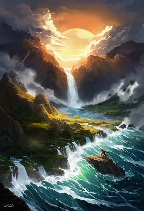 sea, waterfall, river, null, cloud, sky, moon, rock, Mountain, Iwao, morning, noon, night , good, evil , beast, enemy, Battle, Fight, owe, scratch, beat, contend, sudden