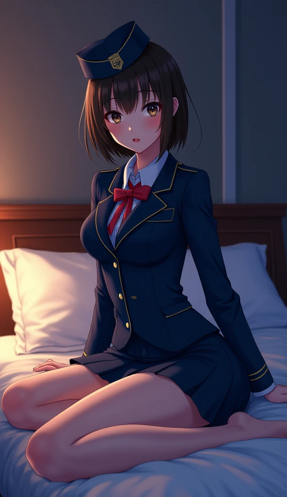 Naughty Manga。Late night bedroom。A stewardess sitting on the bed and looking at me。Navy blue uniform, Thighs