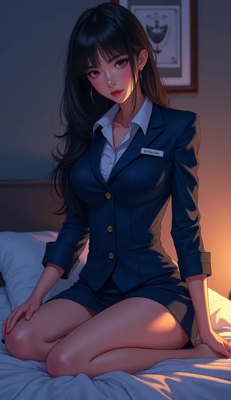 Naughty Manga。Late night bedroom。A stewardess sitting on the bed and looking at me。Navy blue uniform, Thighs