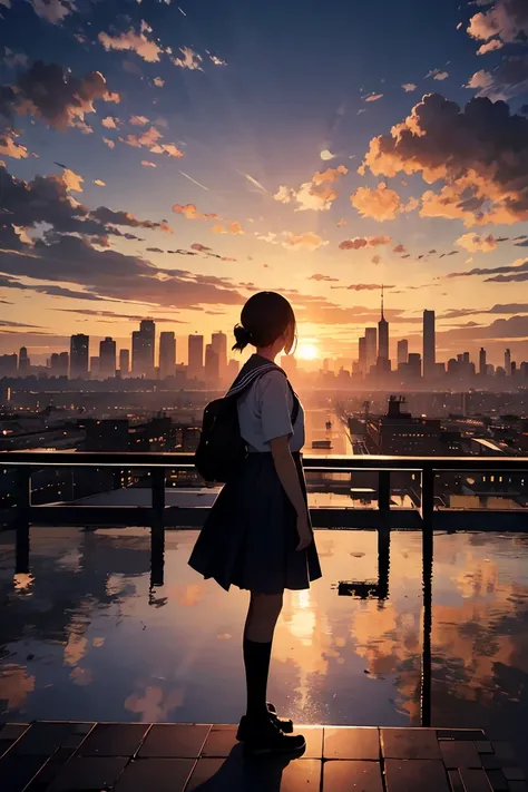 Best Quality, Super detailed, (Ultra-high resolution,8k), Ultra-high definition 4K, A silhouette of a lone female student in a sailor uniform, standing on a rooftop at sunset, overlooking the city skyline, with the warm glow of the setting sun casting long...