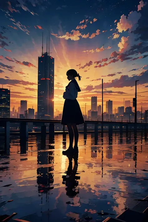 Best Quality, Super detailed, (Ultra-high resolution,8k), Ultra-high definition 4K, A silhouette of a lone female student in a sailor uniform, standing on a rooftop at sunset, overlooking the city skyline, with the warm glow of the setting sun casting long...