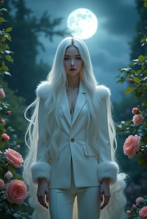 masterpiece, highest quality, (solo focus), (perfect face:1.1), (high detail:1.1), (hyper detailed eyes), dramatic, 1guy, (pale skin), long white hair, ethereal eyes, (light eyebrows), solo, long hair, JTiago Azevedo, moon, night, white luxury suit, pouty ...