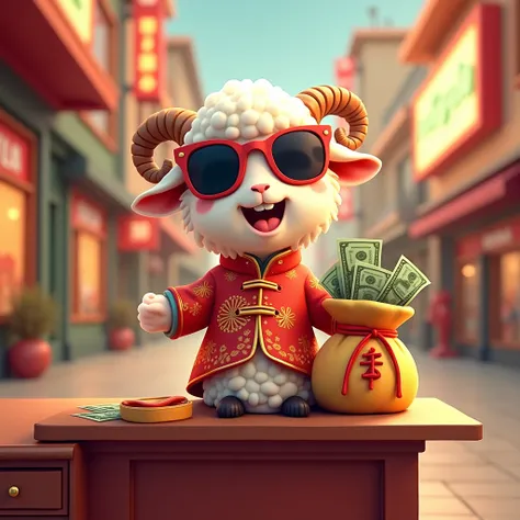 A Chinese zodiac sheep wearing new year costume，Wearing sunglasses，Holding a bag full of money，坐在托尼·蒙大拿style的桌子上）），A bright smile，Happy and confident，HD，comics，Cartoon，Character Concept，style，（（whole body））Relax at the mall, Cartoon, Cinema Lighting, inter...