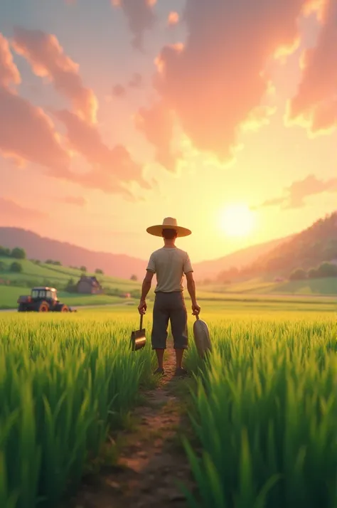 In cinematic 3d cartoon  style "A rural scene at sunrise with a farmer standing in a vast green field, ready to begin his day. He is dressed in simple traditional clothing, holding farming tools. The sky is painted with soft hues of pink and orange. In the...