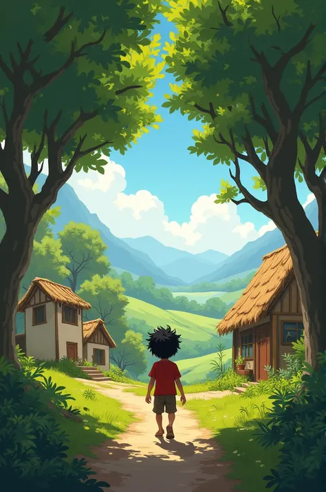 Roaming Child in the Village: A curious boy named Rohan playing near a forest on the edge of a village.