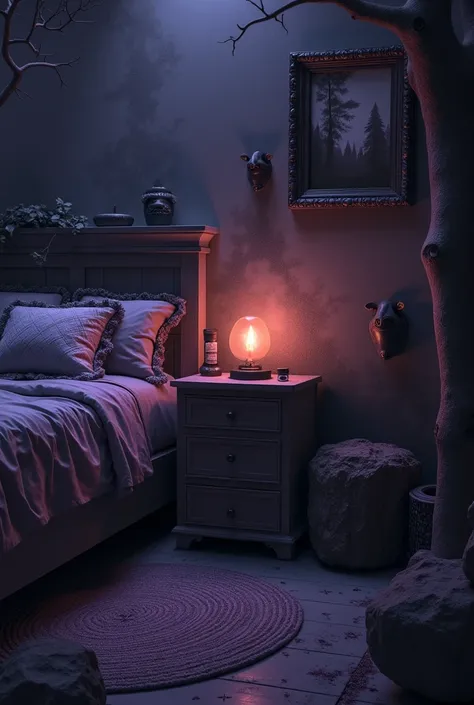 there is a frontal direct picture of a night stand, pagan witch bedroom, inside a wiccan bedroom, gloomy dark lighting, half lit room, decoration around the room, gloomy light masterpiece, dim ambient lighting, forest themed, a horizontal oriented picture ...