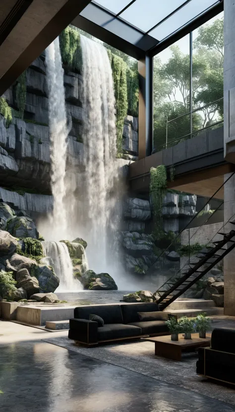 a view of a waterfall in a large room with a couch and a table, brutalist waterfall environment, with trees and waterfalls, waterfall walls, with waterfalls, waterfalls and lakes, waterfall, Very close to real nature, with a waterfalls, waterfall, floating...