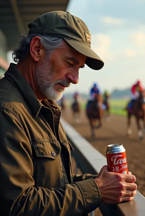 man betting on a race tied to a beer can